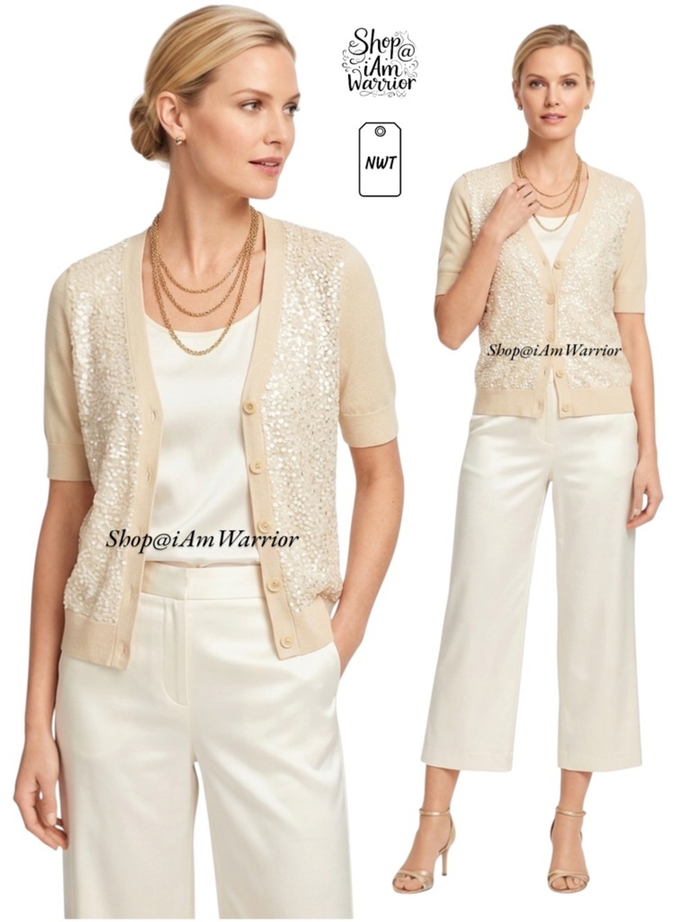 Talbot’s NWT cream sequin short sleeve cardigan sweater *shop@iamwarrior